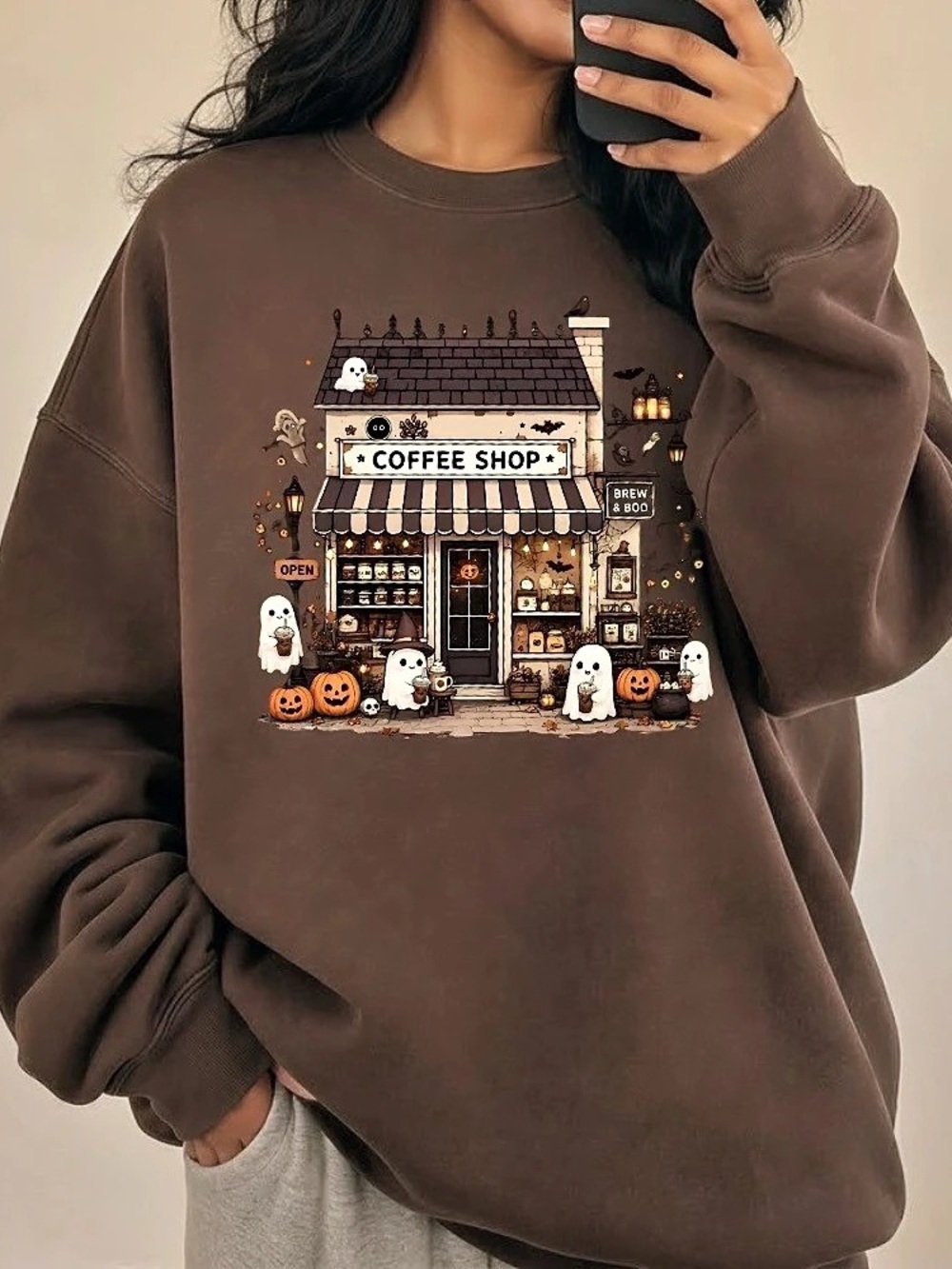 Coffee Shop Graphic Sweatshirt Halloween Fall Autumn Cafe Wear for Coffee Lovers - Picture 3 of 5